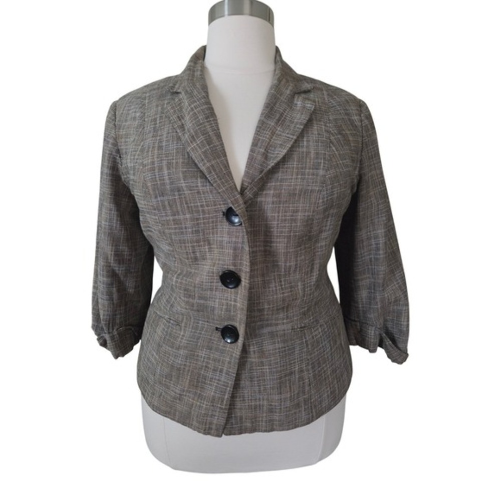 Dressbarn Womens Plus 20 Brown Linen Blend 3/4 Sleeve 3-Button Blazer Jacket